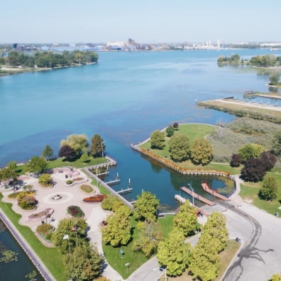 Aerial view of LaSalle waterfront park and marina